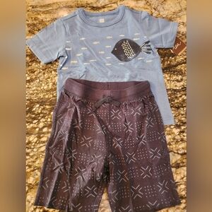 Tea Collection Blue Fish T-Shirt and Patterned Shorts Set